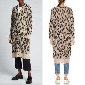 $995 R13 Beige Leopard Print Long Cardigan Distressed Cashmere Sweater size XS